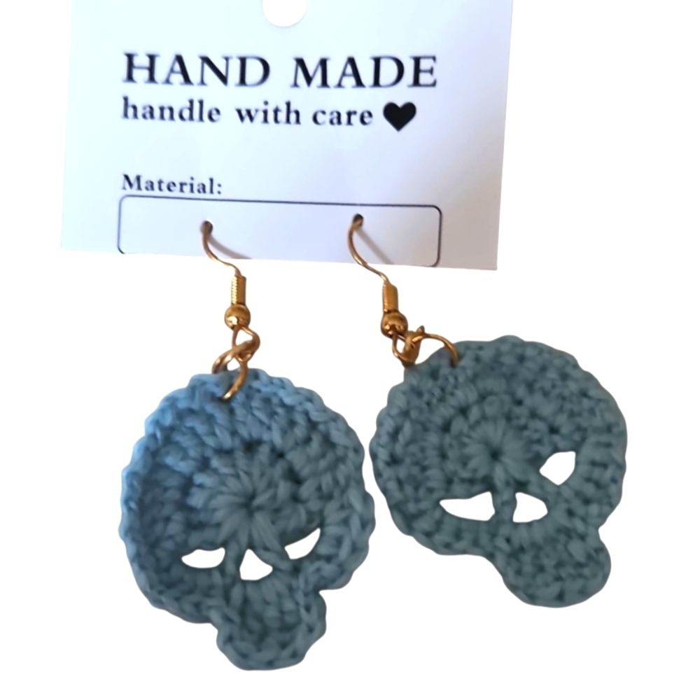 Hand Crafted Handmade Blue Skull Earrings Halloween dainty knit jewerly Acrylic